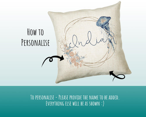 Personalised Jellyfish Cushion Gift Printed Name Design - Throw Pillow Gift For Girls Nursery Bedroom Birthday Christmas Gift CS204