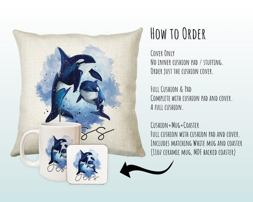 Personalised Orca Killer Whale Cushion Gift Printed Name Design - Cushion Throw Pillow Gift For Mum Dad Friend Bedroom Birthday Gift CS088