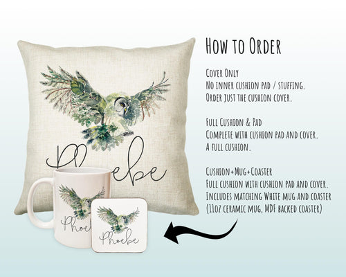 Personalised Owl Leaf Cushion Gift Printed Name Design - Cushion Throw Pillow Gift For Boys Nursery Bedroom Birthday Christmas Gift CS394