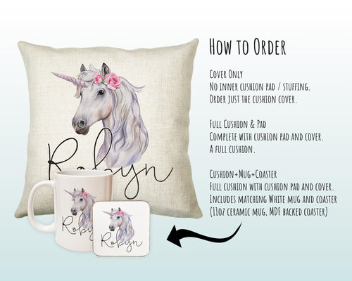 Personalised Unicorn Cushion Gift Printed Name Design - Cushion Throw Pillow Gift For Girls Nursery Bedroom Birthday Christmas Gift CS050