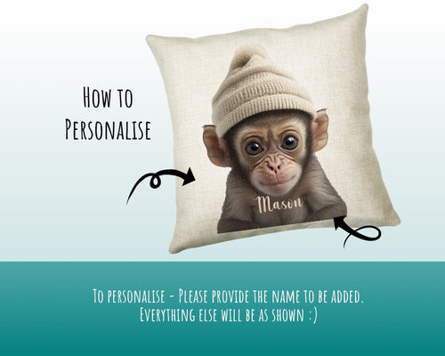 Birthday Gift For Boy Baby Monkey Cushion Gift Printed Name Design Cushion Throw Pillow Gift For Boys Nursery Bedroom Animal Gift CS540