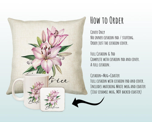 Personalised  Lily Flowers Cushion Gift Printed Name Design - Cushion Throw Pillow Gift For Sitting Room Bedroom Birthday Gift CS491