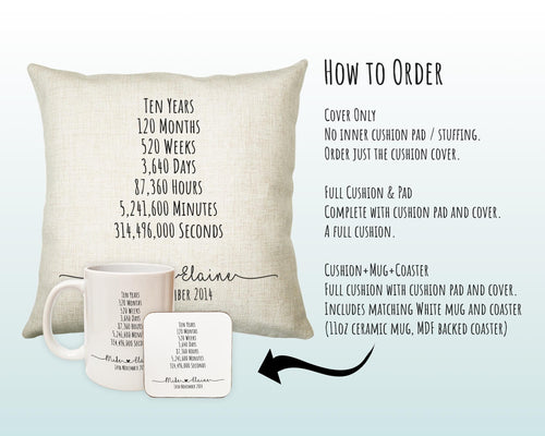 Personalised 10th Anniversary Cotton Gift Cushion Ten Years Custom Design Gift Valentines Present - Wedding Cushion Pillow Gift CS471