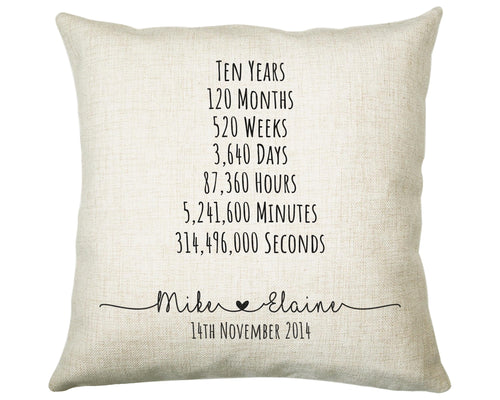Personalised 10th Anniversary Cotton Gift Cushion Ten Years Custom Design Gift Valentines Present - Wedding Cushion Pillow Gift CS471