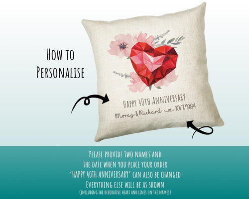 Personalised 40th Ruby Anniversary Gift Cushion 40 Years Custom Design Gift Valentines Present - Wedding Cushion Pillow Gift STC0095