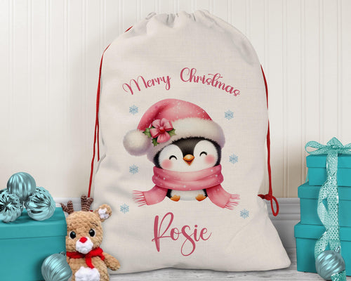 Personalized Penguin Christmas Sack – Cute Xmas Gift Bag XS044