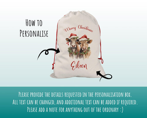 Personalised Christmas Sack - Santa Sack for Kids Presents Xmas Cows Fairy Lights Design Stocking Christmas Eve Bag for Girls & Boys XS055