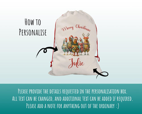 Personalised Christmas Sack - Santa Sack for Kids Presents Xmas Chickens and Lights Design Stocking Christmas Eve Bag for Girls & Boys XS052