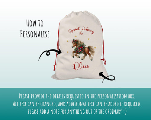 Personalised Christmas Sack - Santa Sack for Kids Presents Xmas Festive Horse Design Stocking Christmas Eve Bag Box for Girls & Boys XS027