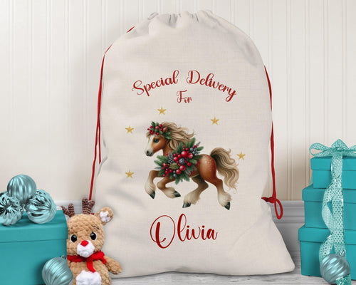 Personalised Christmas Sack - Santa Sack for Kids Presents Xmas Festive Horse Design Stocking Christmas Eve Bag Box for Girls & Boys XS027