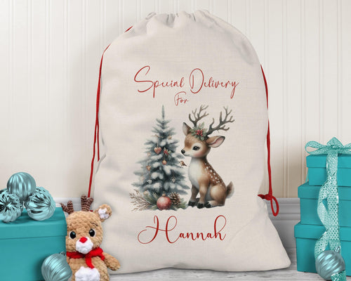 Personalised Christmas Sack - Santa Sack for Kids Presents Xmas Reindeer Tree Design Stocking Christmas Eve Bag Box for Girls & Boys XS019