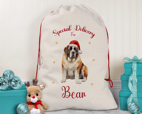 Personalised Saint St Bernard Large Christmas Sack - Red Drawstring Bag for Xmas Presents - Christmas Eve Bag Box Decoration for Dogs XS142