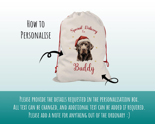 Personalised Chocolate Labrador Large Christmas Sack - Red Drawstring Bag for Xmas Presents Christmas Eve Bag Box Decoration for Dogs XS123