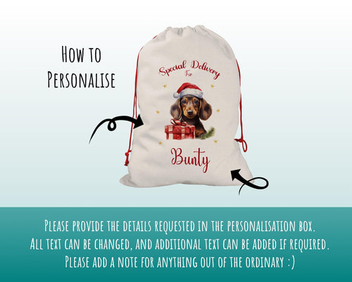 Personalised Dachshund Large Christmas Sack - Red Drawstring Bag for Xmas Presents - Christmas Eve Bag Box Decoration for Dogs XS093