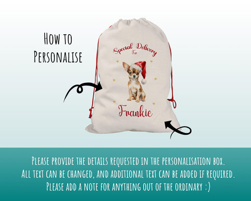 Personalised Chihuahua Large Christmas Sack - Red Drawstring Bag for Xmas Presents - Christmas Eve Bag Box Decoration for Dogs XS084