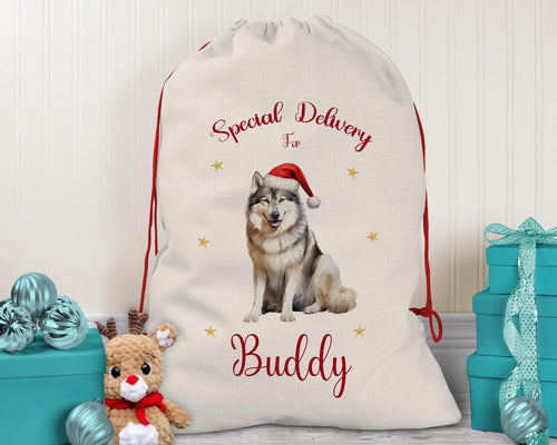 Personalised Alaskan Malamute Large Christmas Sack - Red Drawstring Bag for Xmas Presents - Christmas Eve Bag Box Decoration for Dogs XS069