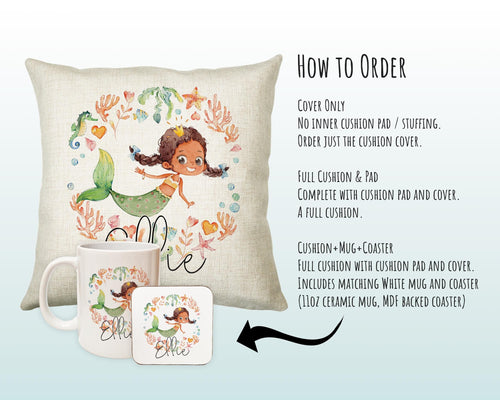 Personalised Brunette Mermaid Cushion Gift Printed Name Design - Throw Pillow Gift For Girls Nursery Bedroom Birthday Christmas Gift CS200