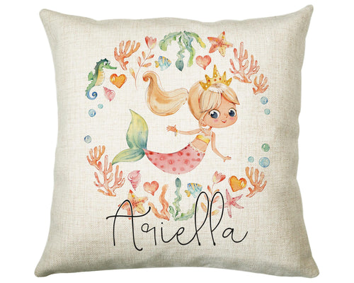 Personalised Blonde Mermaid Cushion Gift Printed Name Design - Throw Pillow Gift For Girls Nursery Bedroom Birthday Christmas Gift CS199