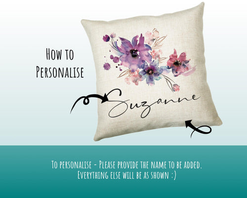 Personalised Watercolour Flowers Cushion Gift Printed Name Design - Cushion Throw Pillow Gift For Sitting Room Bedroom Birthday Gift CS489