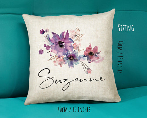 Personalised Watercolour Flowers Cushion Gift Printed Name Design - Cushion Throw Pillow Gift For Sitting Room Bedroom Birthday Gift CS489
