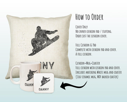 Personalised Snowboarding Cushion Gift Boys Girls Bedroom Printed Name Design - Pillow Gift Skiing Mountain Decor CS268