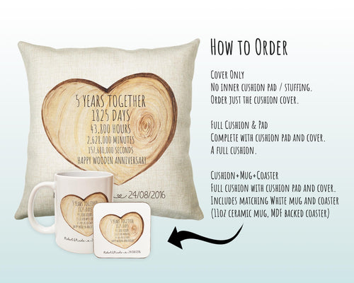 Personalised 5th Wooden Anniversary Cotton Gift Cushion 5 Years Custom Design Gift Valentines Present - Wedding Cushion Pillow Gift CS385