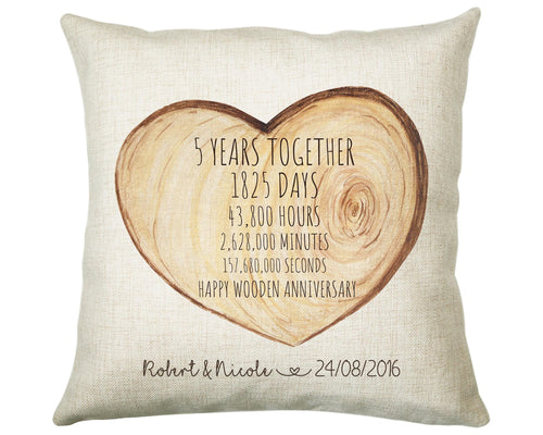 Personalised 5th Wooden Anniversary Cotton Gift Cushion 5 Years Custom Design Gift Valentines Present - Wedding Cushion Pillow Gift CS385