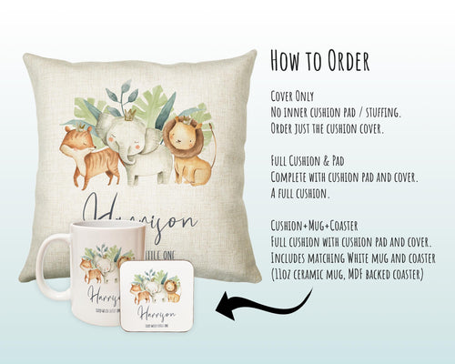 Personalised Baby Animal Cushion New Baby Gift  Printed Name Design - Pillow Gift For Girls Boys Safari Nursery Bedroom Decor CS290