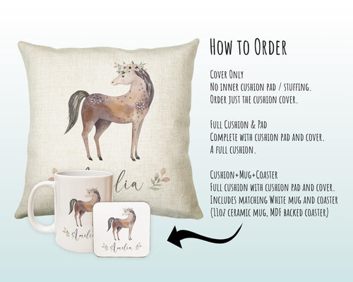 Personalised Horse Cushion Gift Printed Name Design - Pillow Gift For Girls Boys Nursery Bedroom Woodland Decor Birthday Gift CS282