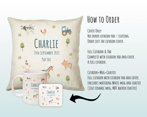 Personalised Farm Animal Cushion Gift Printed Name Design - Pillow Gift For Girls Boys Nursery Bedroom Farmyard Decor Birthday Gift CS298