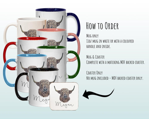 Personalised Highland Cow Mug Gift - Great Gifts for Animal Cow Lovers Watercolour Bovine Flowers Highland Cattle Design Mug Coaster MGZ306