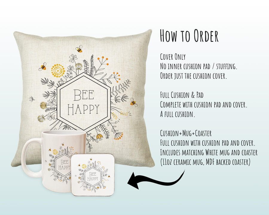 Bee Happy Cushion Gift Printed Flowers Floral Design - Bumble Bee Cushion Throw Pillow Gift For Beekeeper Gardener Gardening Christmas CS217