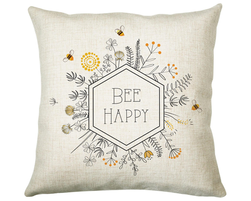 Bee Happy Cushion Gift Printed Flowers Floral Design - Bumble Bee Cushion Throw Pillow Gift For Beekeeper Gardener Gardening Christmas CS217