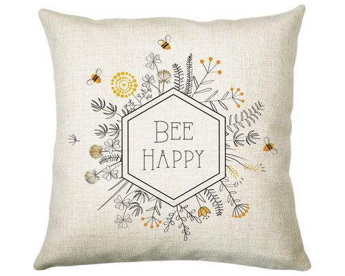 Bee Happy Cushion Gift Printed Flowers Floral Design - Bumble Bee Cushion Throw Pillow Gift For Beekeeper Gardener Gardening Christmas CS217