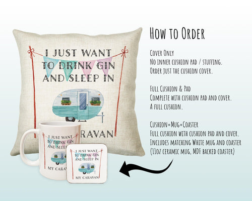 Campervan Gift Gin & Camping Caravan Cushion - Camping Gifts For Caravan Motorhome Owners Lovers Fans - Motorhome Decor Gift Pillow CS195