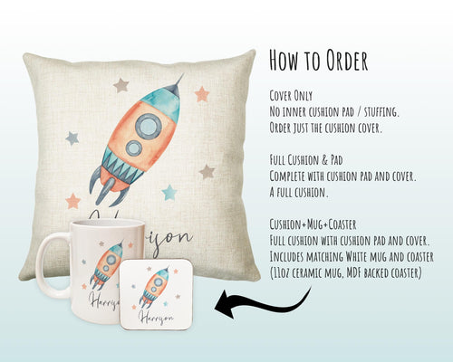 Personalised Space Rocket Cushion Gift Printed Name Design - Pillow Gift For Girls Boys Nursery Bedroom Decor Gift CS249