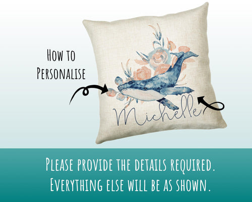 Personalised Whale Cushion Gift Printed Name Design - Nautical Sea Ocean Throw Pillow Gift For Her Mum Gift Christmas Gift CS205
