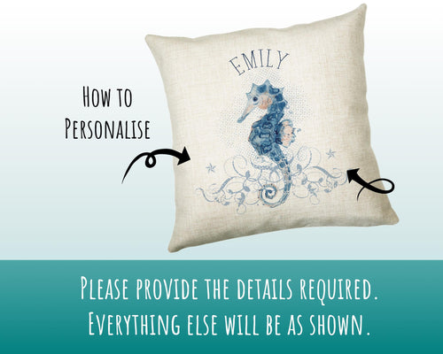 Personalised Seahorse Cushion Gift Printed Name Design - Nautical Sea Horse Throw Pillow Gift For Her Mum Gift Christmas Gift CS202