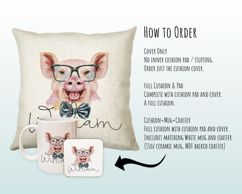 Personalised Hipster Pig Cushion Gift Printed Name Design - Cushion Throw Pillow Gift For Mum Friend Bedroom Birthday Christmas Gift CS144
