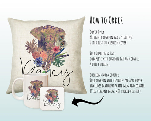 Personalised Elephant Cushion Gift Printed Name Design - Cushion Throw Pillow Gift For Mum Dad Friend Bedroom Birthday Christmas Gift CS048
