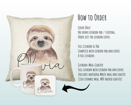 Personalised Sloth Cushion Gift Printed Name Design - Cushion Throw Pillow Gift For Boys Nursery Bedroom Birthday Christmas Gift CS027