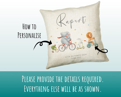 Personalised Baby Animal Cushion New Baby Gift Printed Name Design - Pillow Gift For Girls Boys Birthday Nursery Bedroom Decor CS461