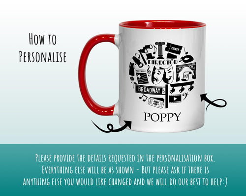 Personalised Theatre Gift Mug - Ceramic Coffee Tea Hot Chocolate Mug Gift for Musical Theatre Lovers - Secret Santa Gift Idea Drama MG0859