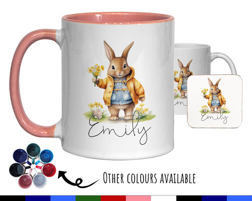 Personalised Bunny Rabbit Gift Mug - Ceramic Coffee Tea Hot Chocolate Mug Coaster Cute Rabbit Flowers Animal - Secret Santa Gift Idea MG0867