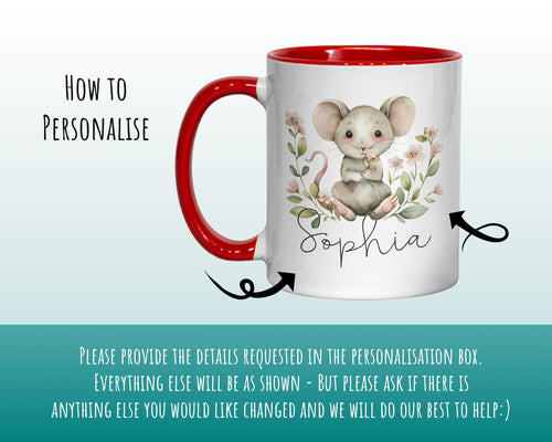 Personalised Mouse Gift Mug - Ceramic Coffee Tea Hot Chocolate Mug Coaster Cute Mouse Flowers Animal Lover - Secret Santa Gift Idea MG0869