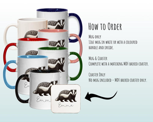 Personalised Badger Gift Mug - Ceramic Coffee Tea Hot Chocolate Mug Coaster Cute Animal Lover - Secret Santa Gift Idea Wildlife MG0872