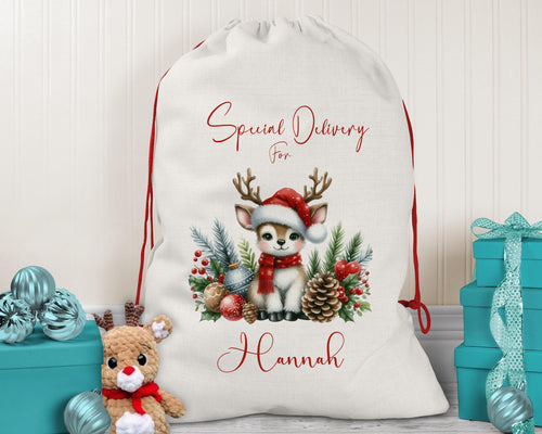 Personalised Christmas Sack - Santa Sack for Kids Presents Xmas Reindeer Pine Cone Design Stocking Christmas Eve Bag for Girls & Boys XS016