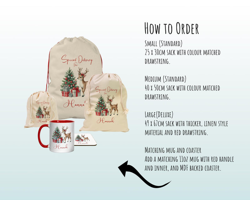 Personalised Christmas Sack - Santa Sack for Kids Presents Xmas Reindeer Tree Design Stocking Christmas Eve Bag Box for Girls & Boys XS015