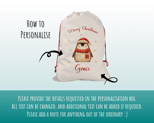 Personalised Christmas Sack - Santa Sack for Kids Presents Xmas Cute Penguin Design Stocking Christmas Eve Bag Box for Girls & Boys XS032