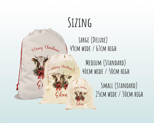 Personalised Christmas Sack - Santa Sack for Kids Presents Xmas Cows Fairy Lights Design Stocking Christmas Eve Bag for Girls & Boys XS056